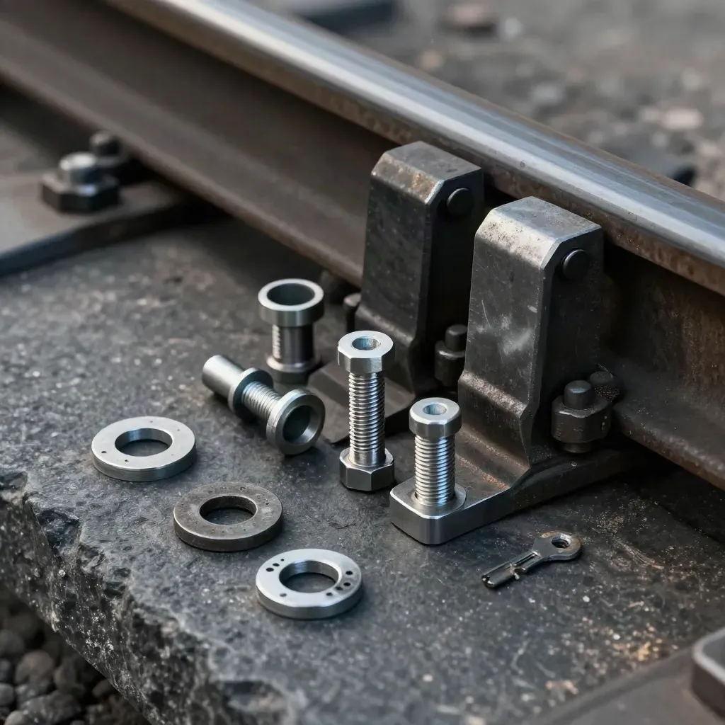 Rail clips, a coupler pin, shims, and a steel spacer on dark stone with dramatic light