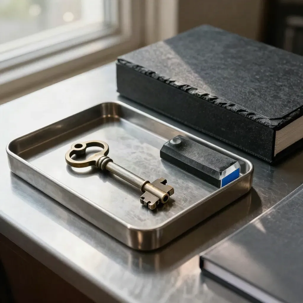 Vault key, token tray, paperweight, and ledger box on brushed metal with a subtle blue accent.