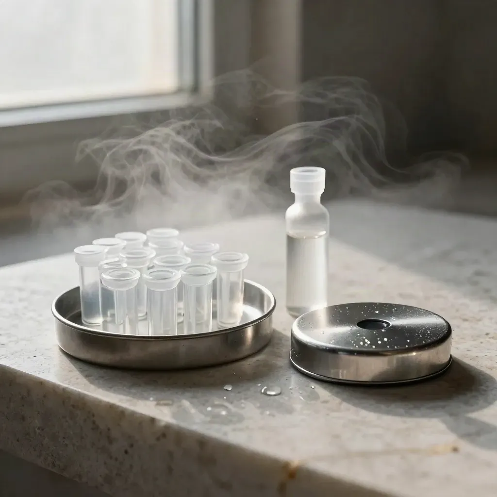 Sample vials, pipette tips, and stainless lids on pale stone with mist