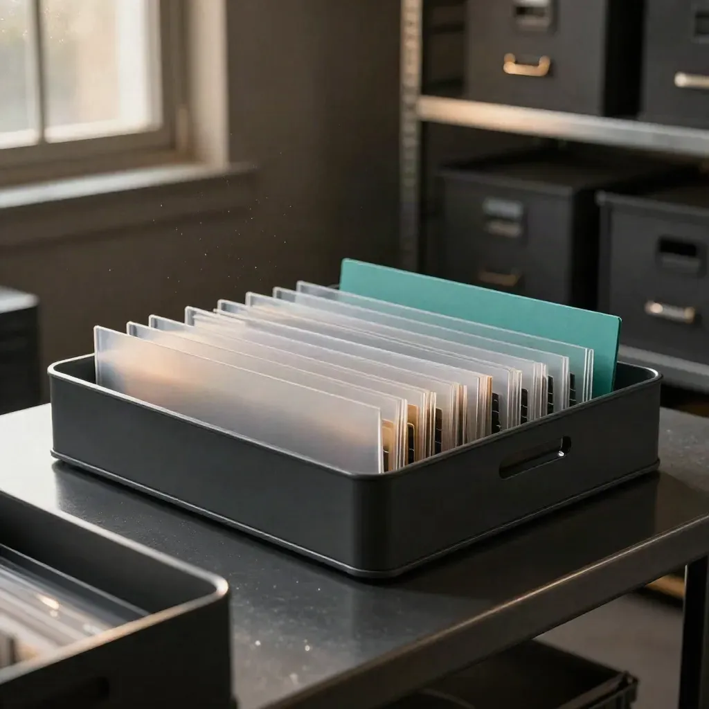 Charcoal archive sorter tray with translucent sleeves, dividers and a teal card in dramatic studio light.