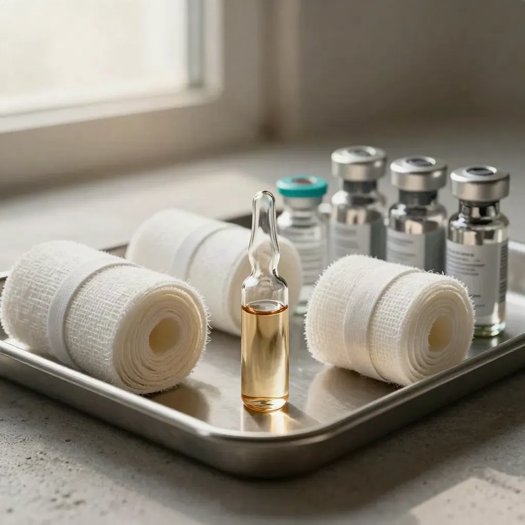 Macro clinical supply set with ampoules, gauze rolls, capped tubes, and a steel tray on pale concrete.