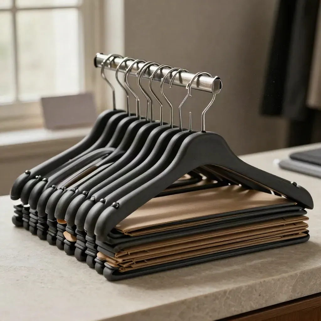 Retail backroom still life of hangers, kraft boxes, peg hooks and sizing rings on brushed stone.