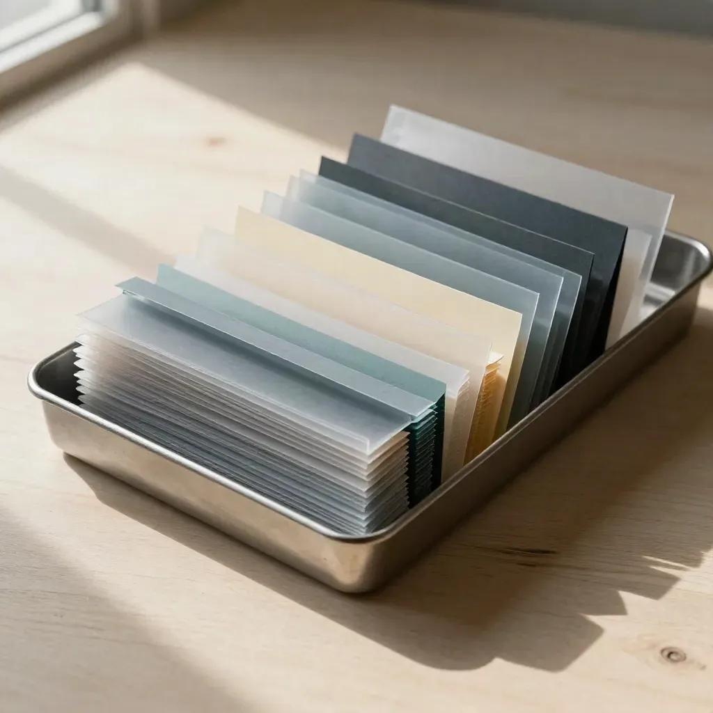 Translucent file sleeves, tab dividers, and a metal tray corner on pale wood.