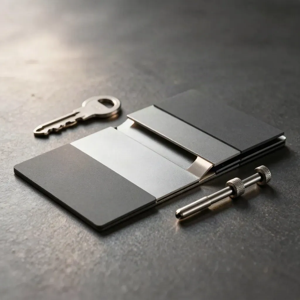 Two folder tabs, alignment pegs, and a steel spacer on brushed metal in dramatic still-life light.