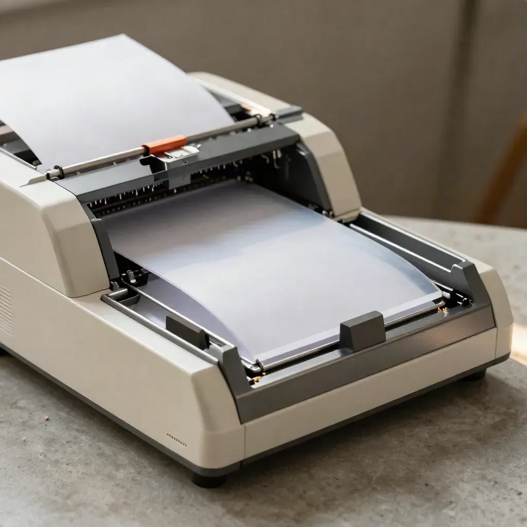 Three-channel document sorter with a file sleeve sliding into the middle lane on concrete.