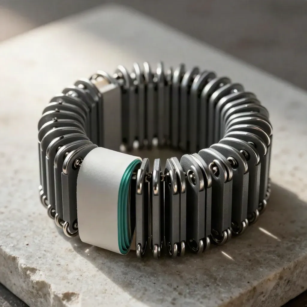 Macro of index tabs, metal loops, and a folded label strip clustered on pale limestone.