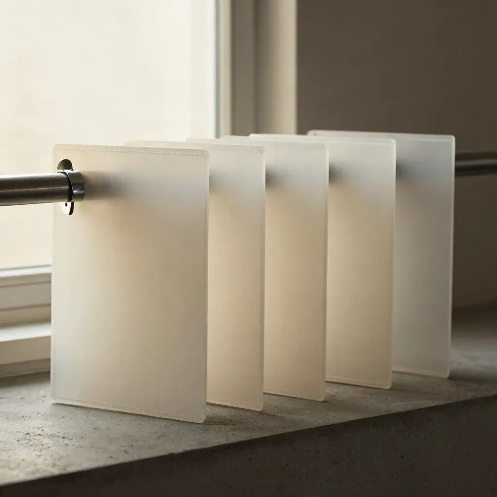 Four translucent archive sleeves line a brushed metal rail on dark concrete.