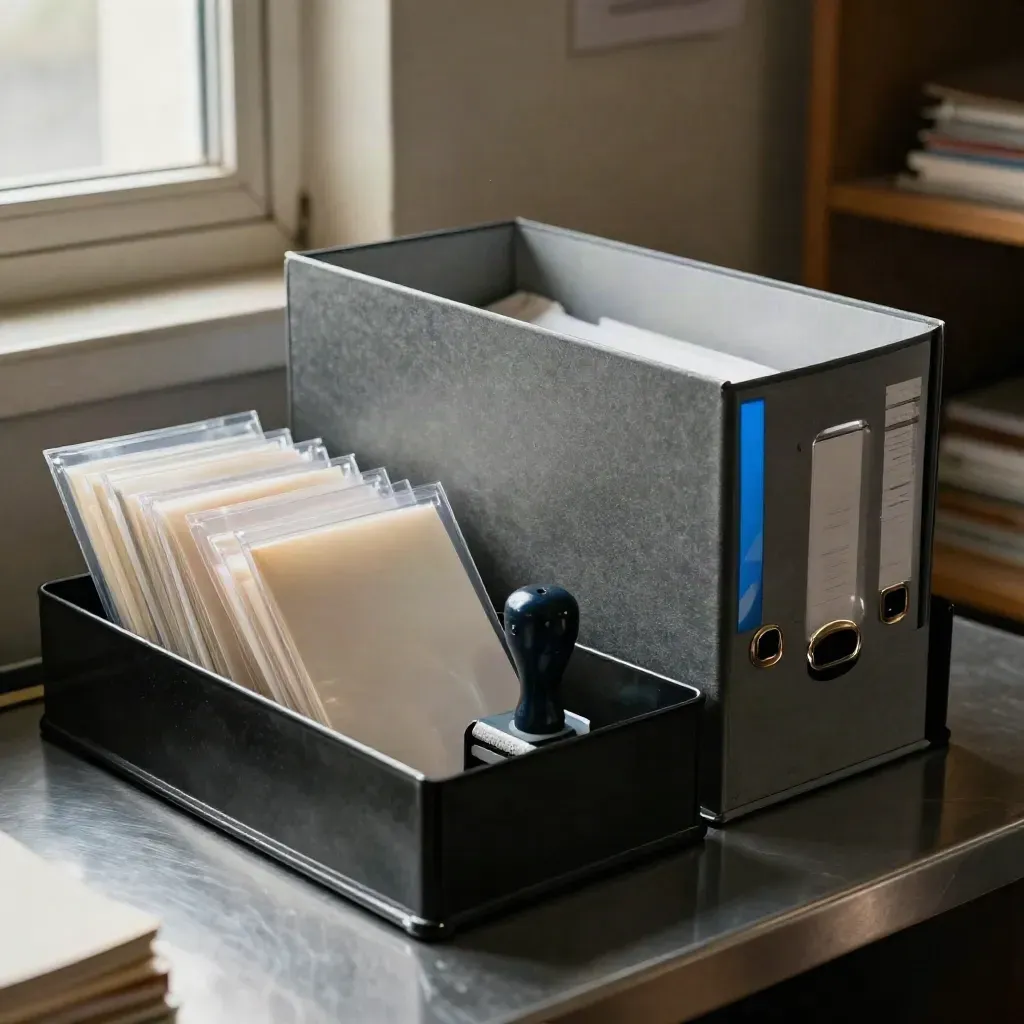 Operations intake still life with file bins, pouch sleeves, and a date stamp