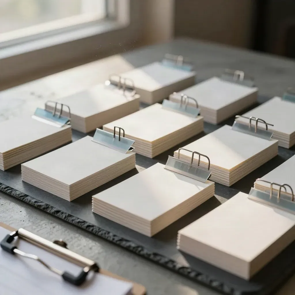 Macro still life of stacked index cards, clip rails, and specimen envelopes on a sorting bench.