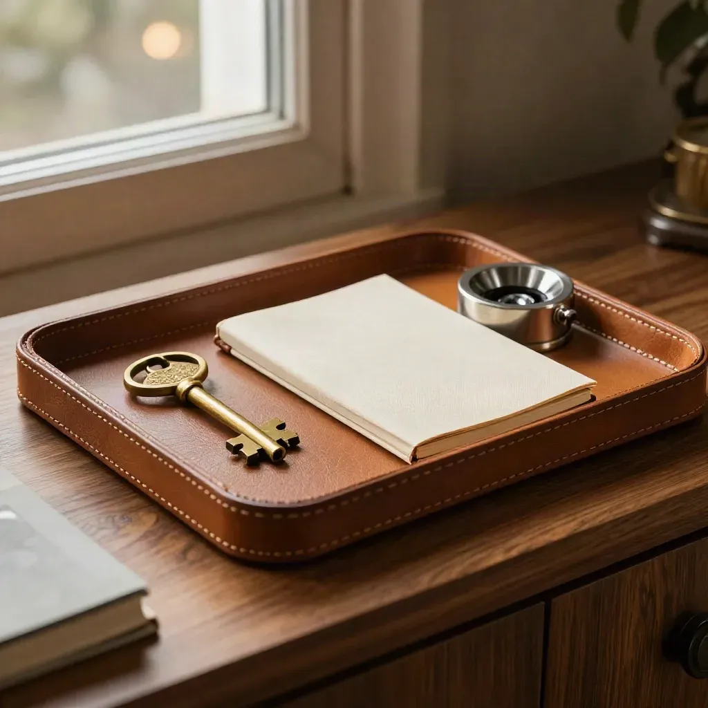 Leather memo tray with brass key, closed notebook and silver paperweight on walnut