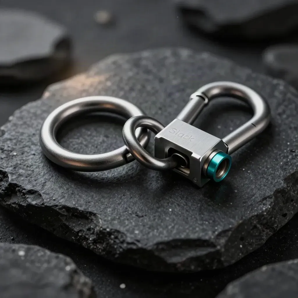 Macro of metal rings, a carabiner, and connector block on black basalt.