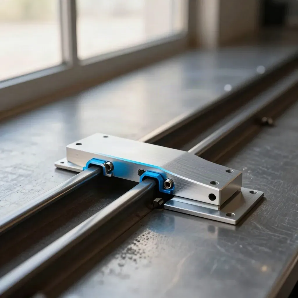 Aluminum tracks and joiner plates on brushed steel, lit with a blue accent