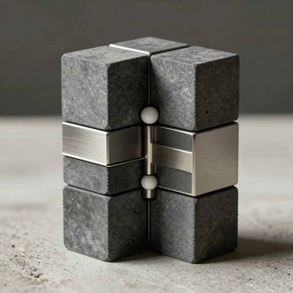 Extreme macro of graphite blocks and a steel bridge piece snapped into a precise modular stack on pale concrete.