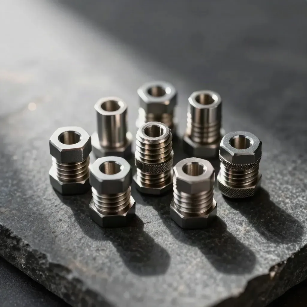 Overhead macro of graphite hex standoffs and ring clips on dark stone with soft haze
