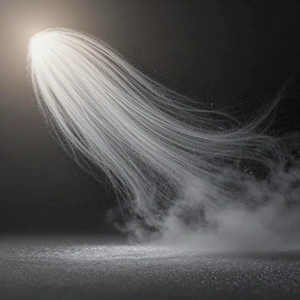 Silver filaments converge into a soft bloom in dark space, leaving calm copy space below.